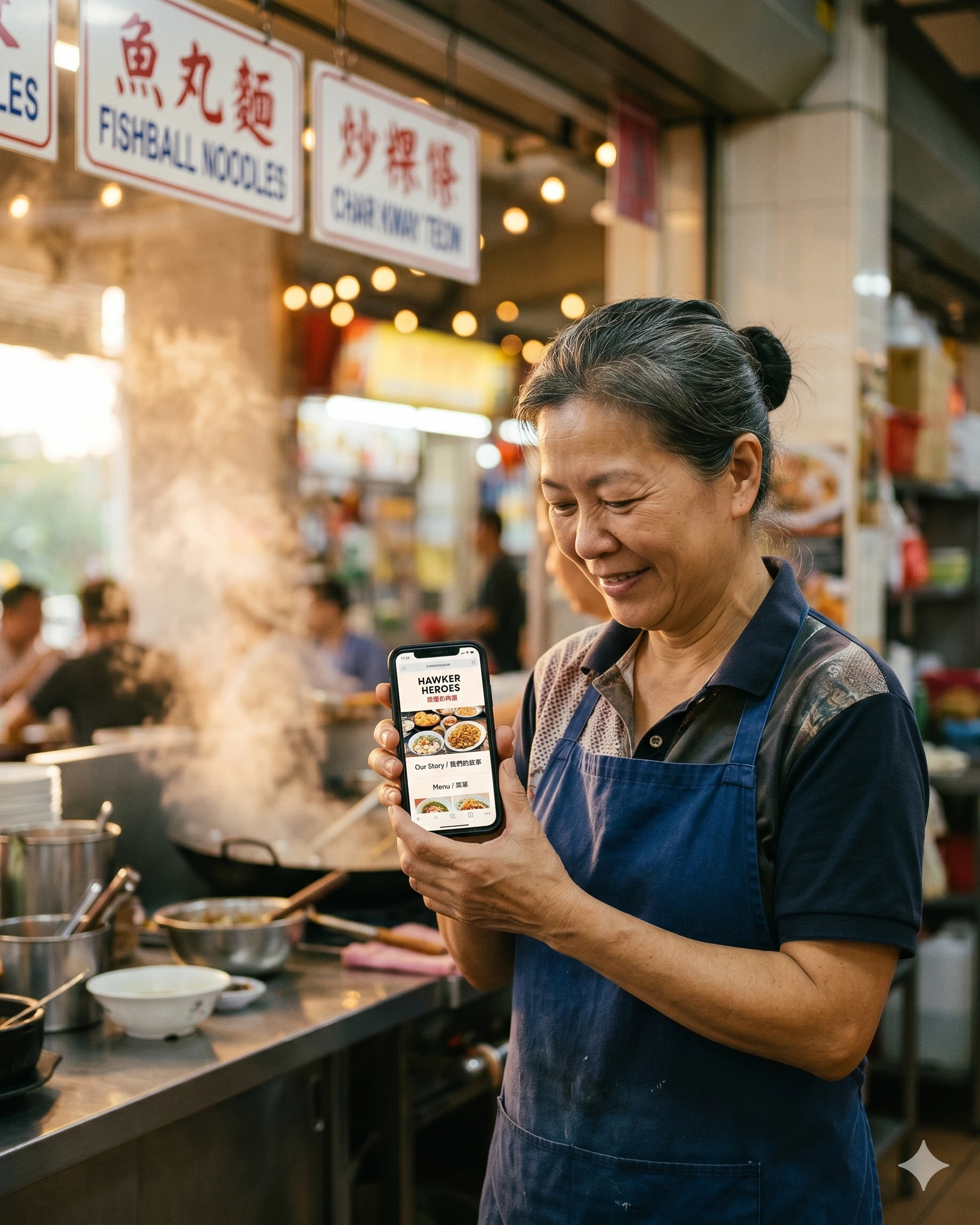 A Singapore hawker auntie smiling at her phone, which shows her stall’s bright new website.
